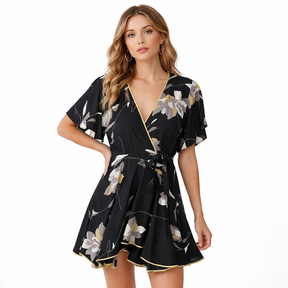 Halston Heritage Dress Womens 10 Black Floral Wrap Flutter Sleeve Party Short